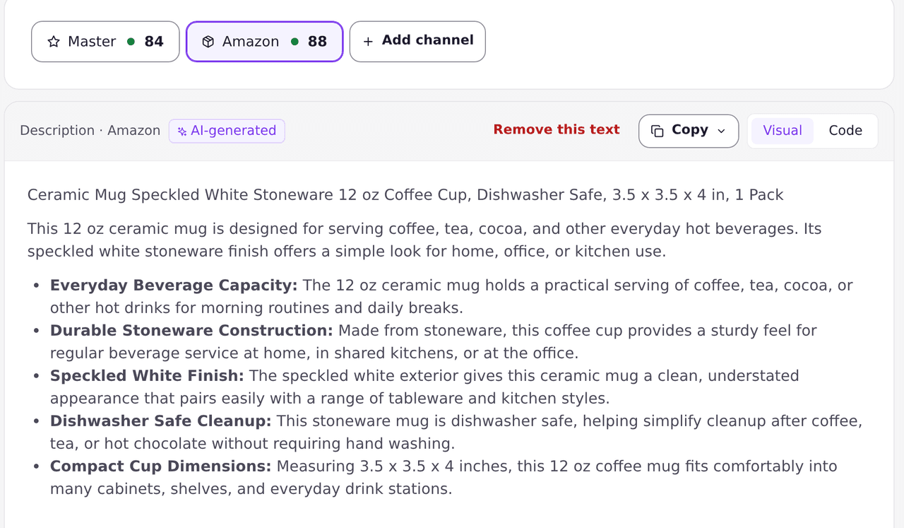 The Amazon version of a listing, written for that channel, with its own SEO score