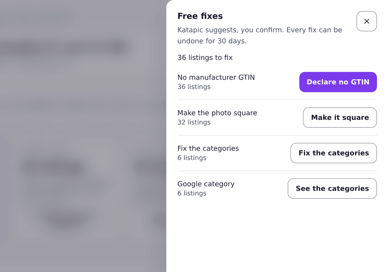 Free fixes panel, each fix with the number of listings it changes
