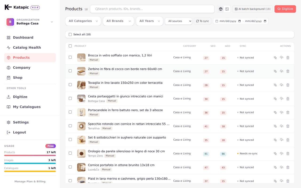 Product list with per-product SEO and AEO score badges