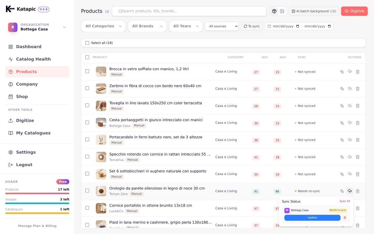 Bulk synchronization of optimized products to WooCommerce